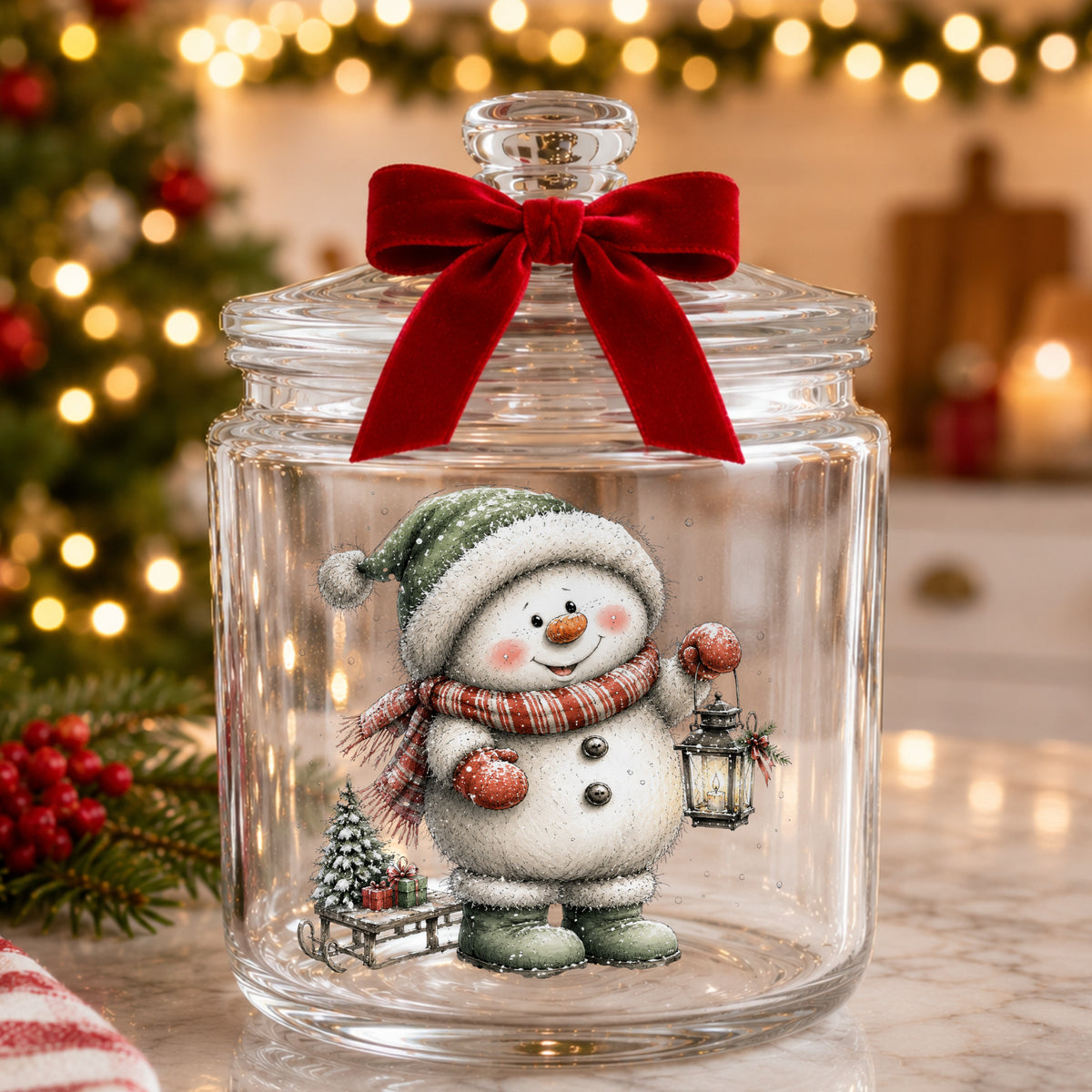 Green Hat Snowman With Sled And Gifts UV DTF sticker applied to a glass candy jar tied with a red bow