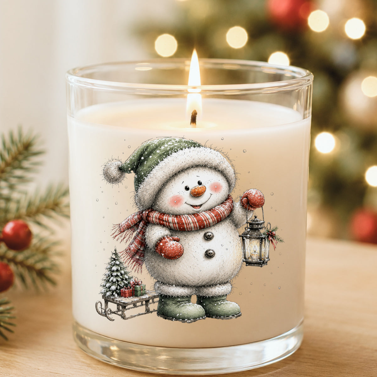 Green Hat Snowman With Sled And Gifts UV DTF sticker applied to a white candle in a glass holder near Christmas lights