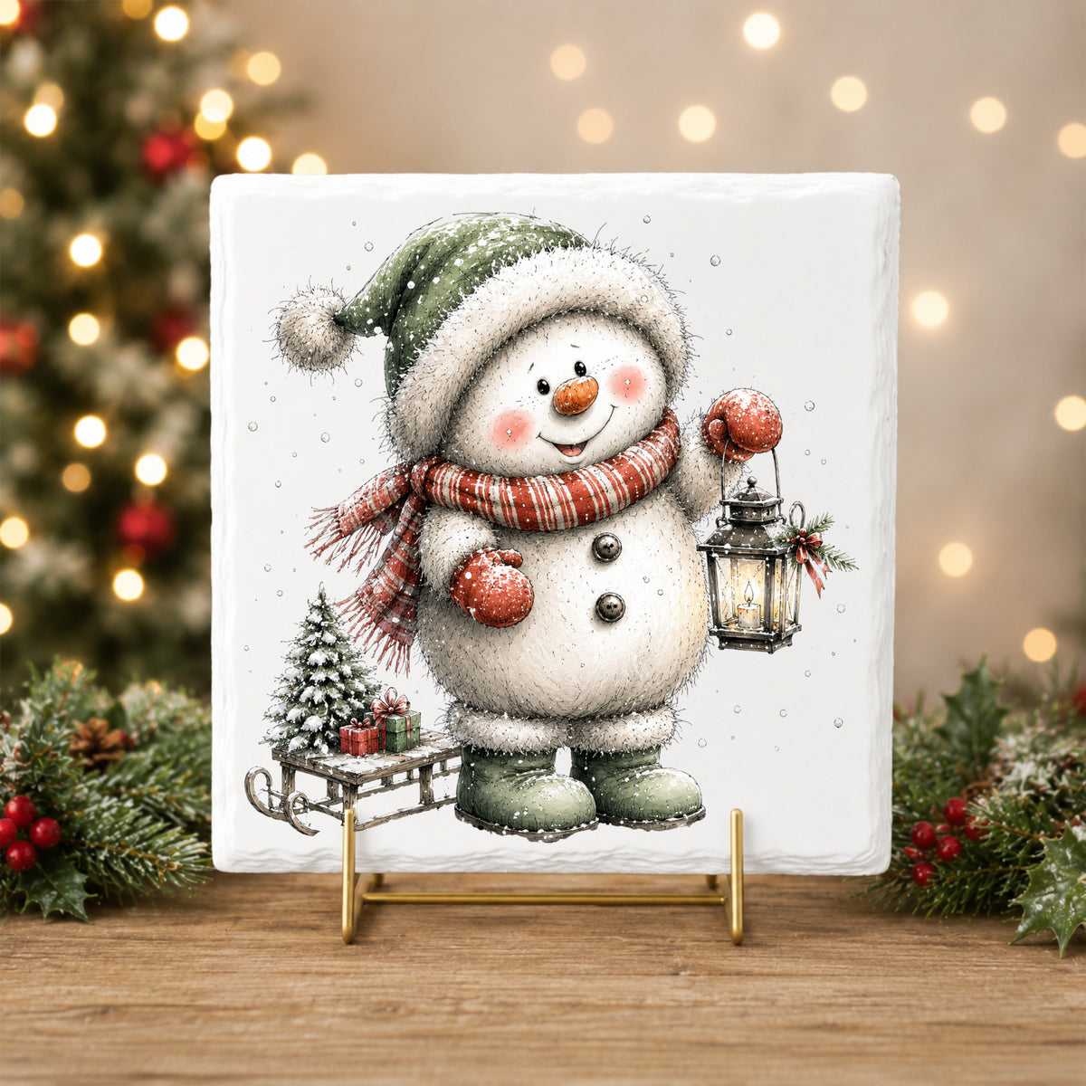 Green Hat Snowman With Sled And Gifts UV DTF sticker applied to a white tile on a gold stand