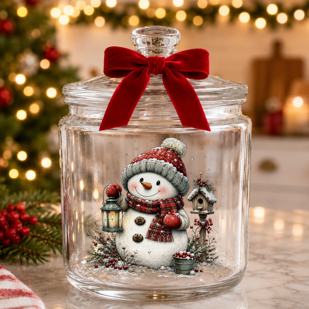 Snowman With Birdhouse And Berry Bucket UV DTF sticker applied to a glass candy jar tied with a red bow