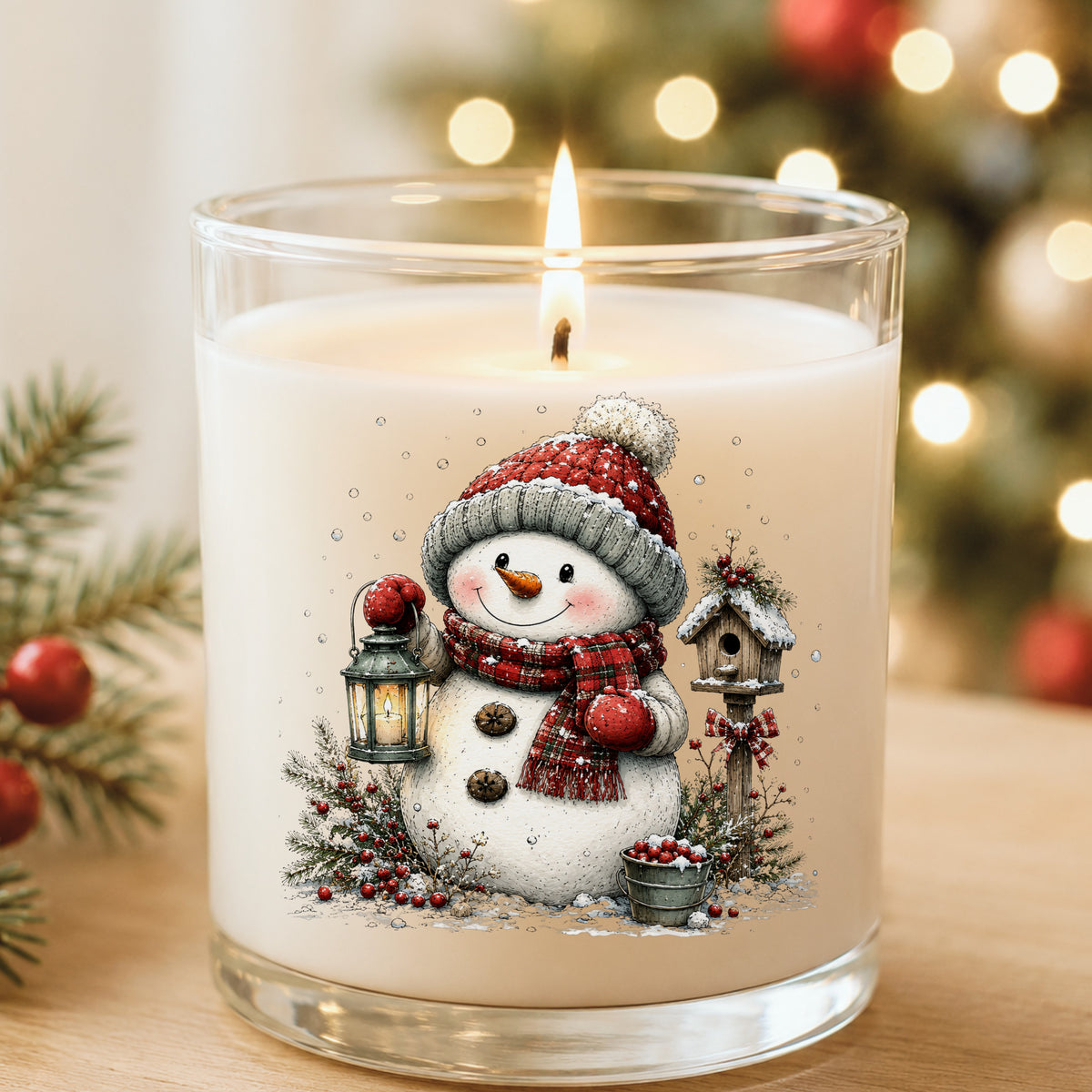 Snowman With Birdhouse And Berry Bucket UV DTF sticker applied to a white candle in a glass holder near Christmas lights