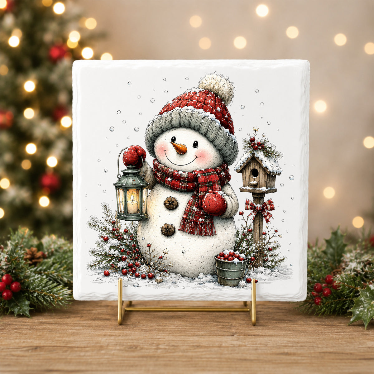 Snowman With Birdhouse And Berry Bucket UV DTF sticker applied to a white tile on a gold stand