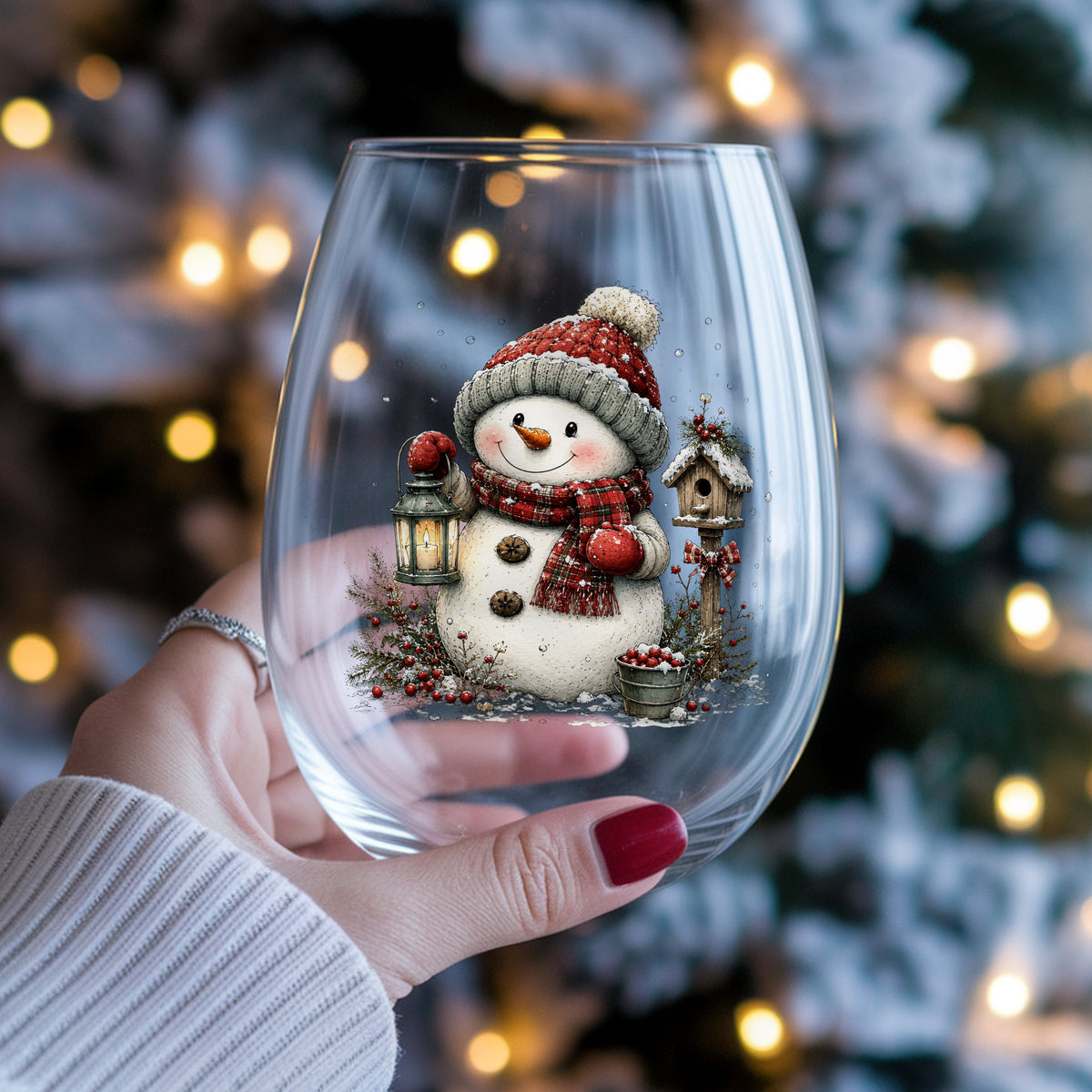 Snowman With Birdhouse And Berry Bucket UV DTF sticker applied to a stemless wine glass held in hand