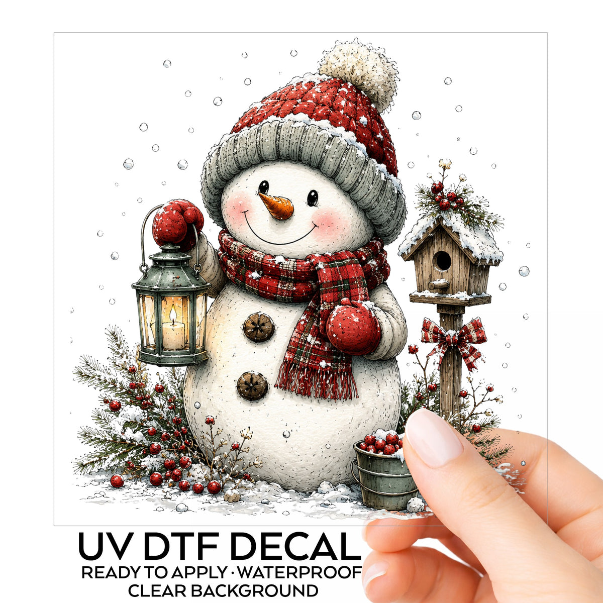 Snowman With Birdhouse And Berry Bucket UV DTF sticker on its backing card, held in hand