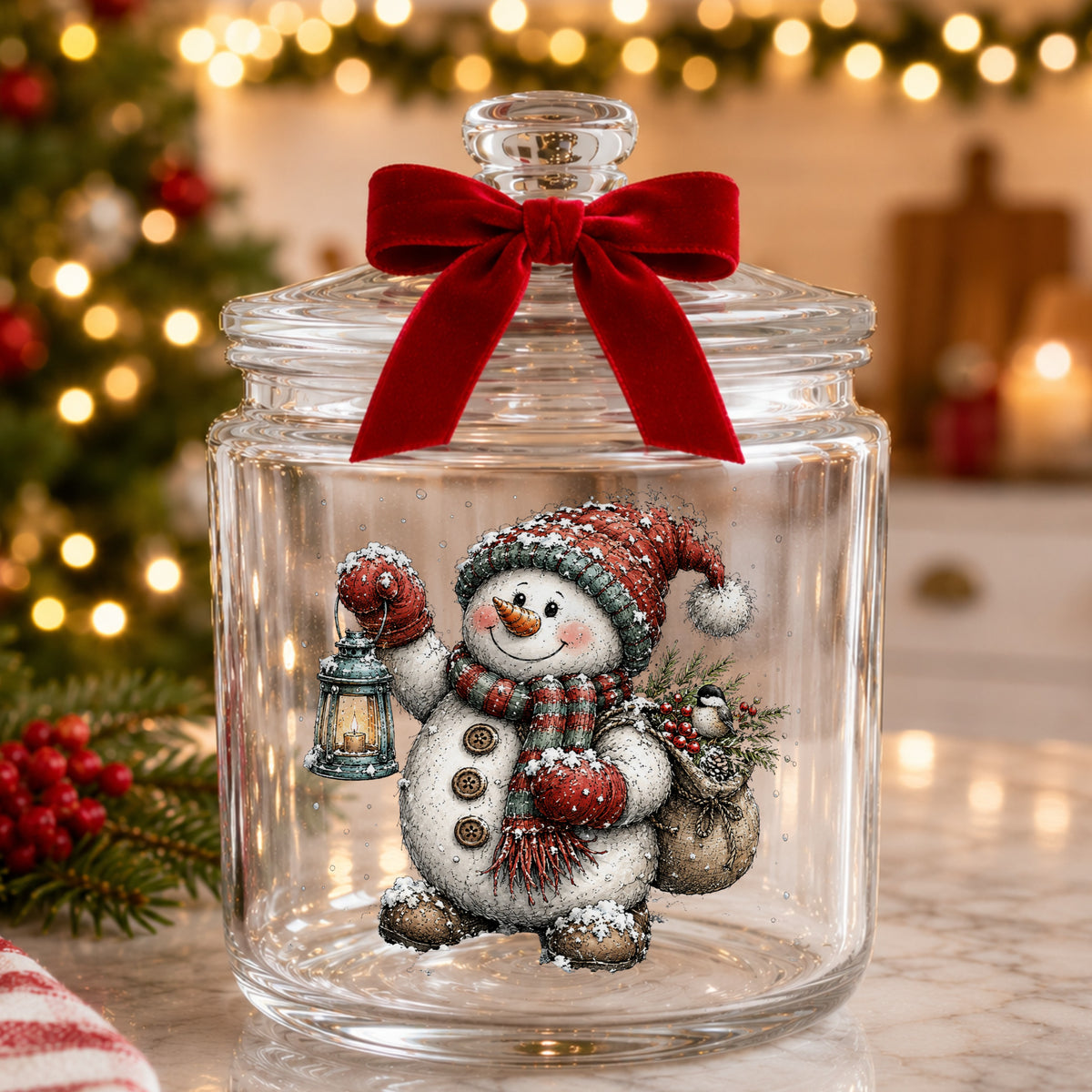 Walking Snowman With Burlap Sack UV DTF sticker applied to a glass candy jar tied with a red bow