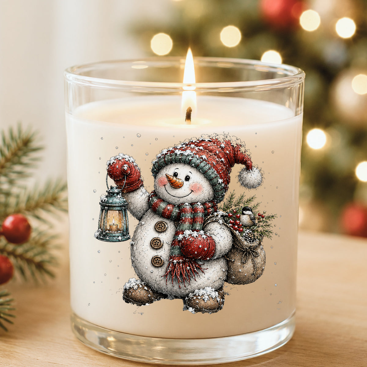 Walking Snowman With Burlap Sack UV DTF sticker applied to a white candle in a glass holder near Christmas lights