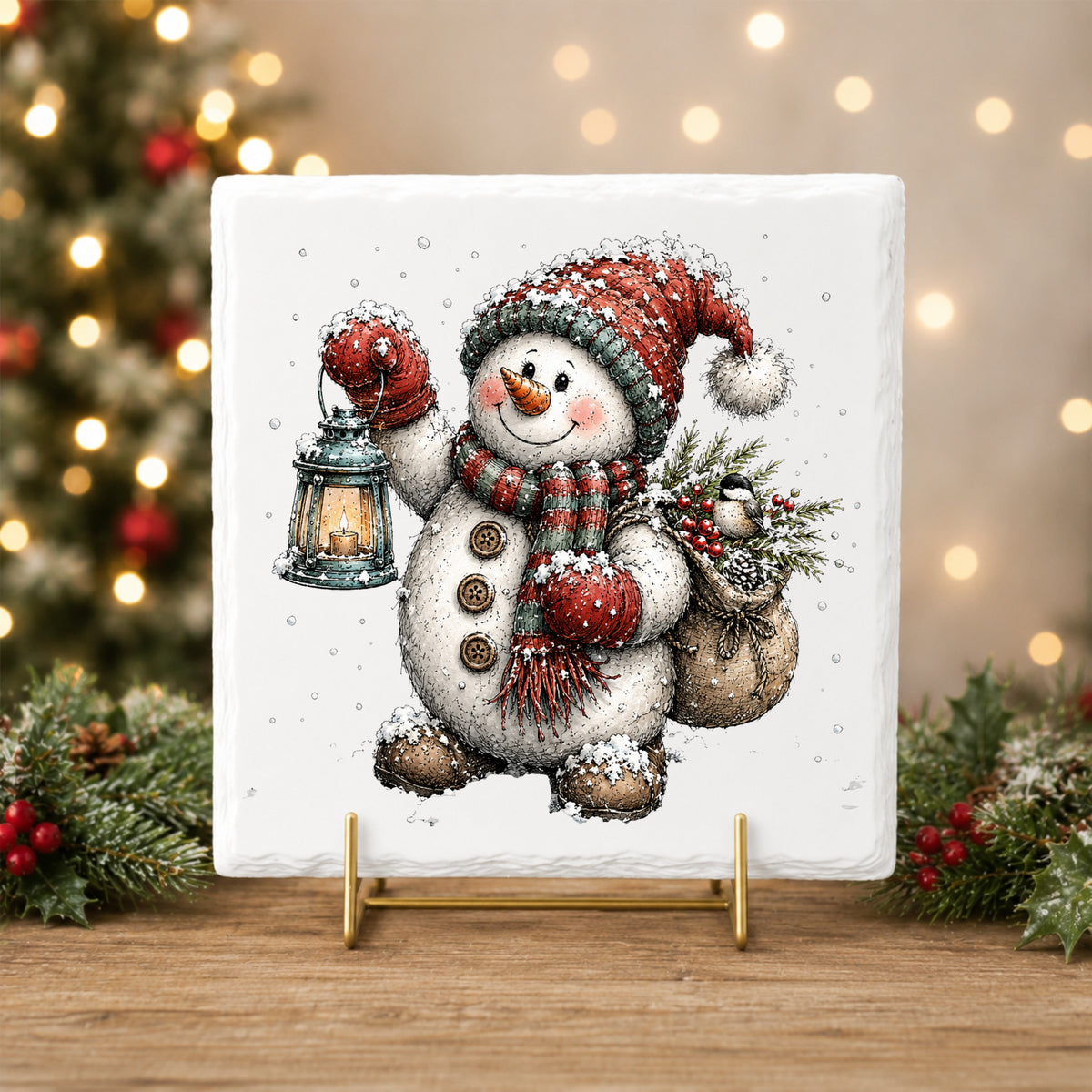Walking Snowman With Burlap Sack UV DTF sticker applied to a white tile on a gold stand