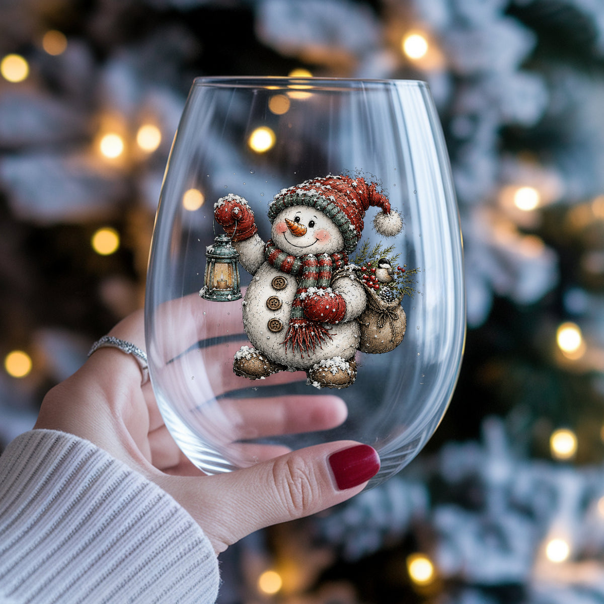 Walking Snowman With Burlap Sack UV DTF sticker applied to a stemless wine glass held in hand