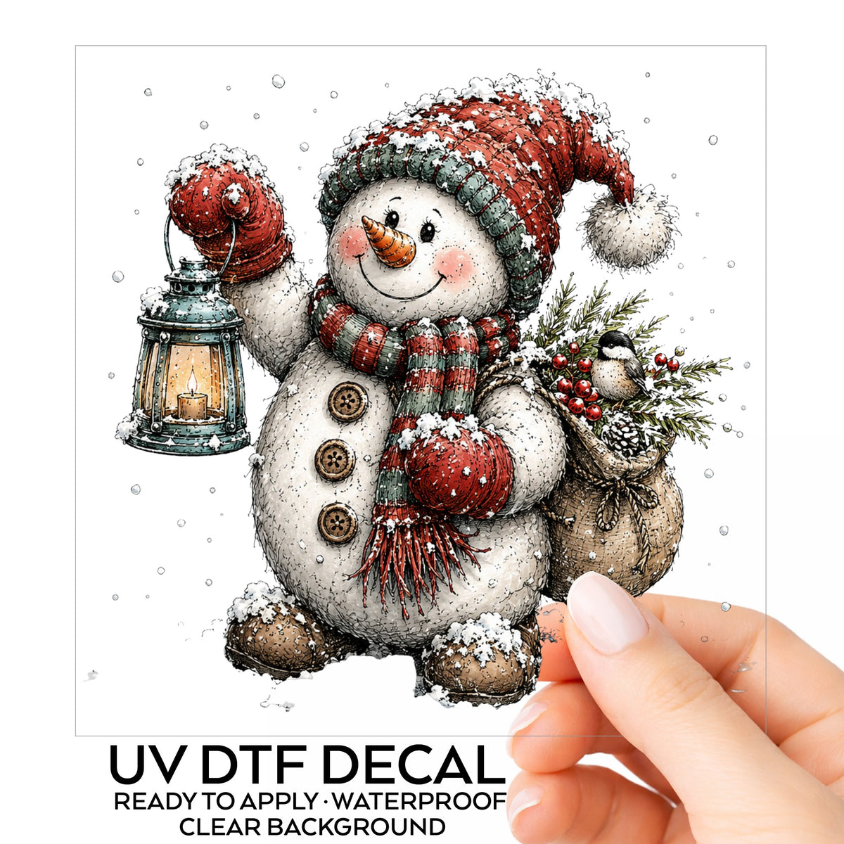 Walking Snowman With Burlap Sack UV DTF sticker on its backing card, held in hand