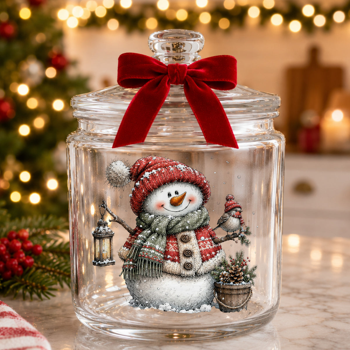 Fair Isle Sweater Snowman With Bird UV DTF sticker applied to a glass candy jar tied with a red bow