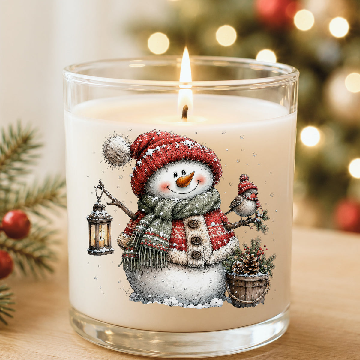 Fair Isle Sweater Snowman With Bird UV DTF sticker applied to a white candle in a glass holder near Christmas lights