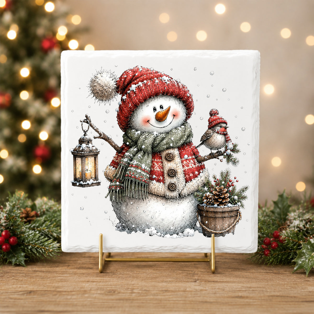 Fair Isle Sweater Snowman With Bird UV DTF sticker applied to a white tile on a gold stand