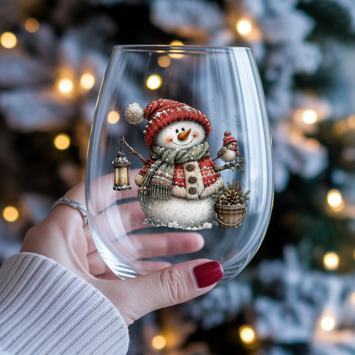 Fair Isle Sweater Snowman With Bird UV DTF sticker applied to a stemless wine glass held in hand