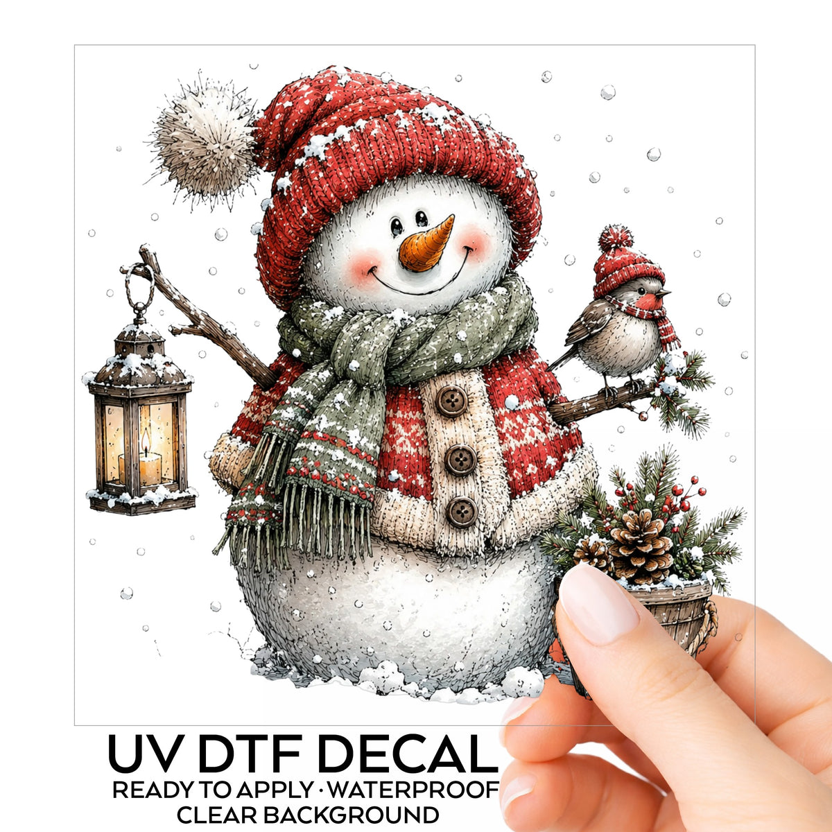Fair Isle Sweater Snowman With Bird UV DTF sticker on its backing card, held in hand