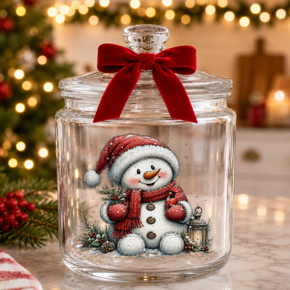 Snowman Holding Red Cardinal UV DTF sticker applied to a glass candy jar tied with a red bow