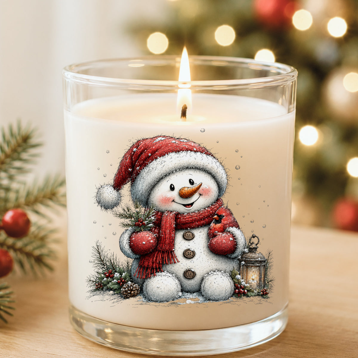Snowman Holding Red Cardinal UV DTF sticker applied to a white candle in a glass holder near Christmas lights