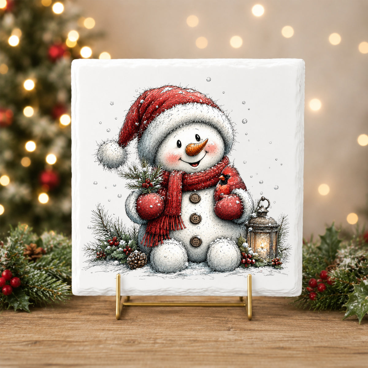 Snowman Holding Red Cardinal UV DTF sticker applied to a white tile on a gold stand