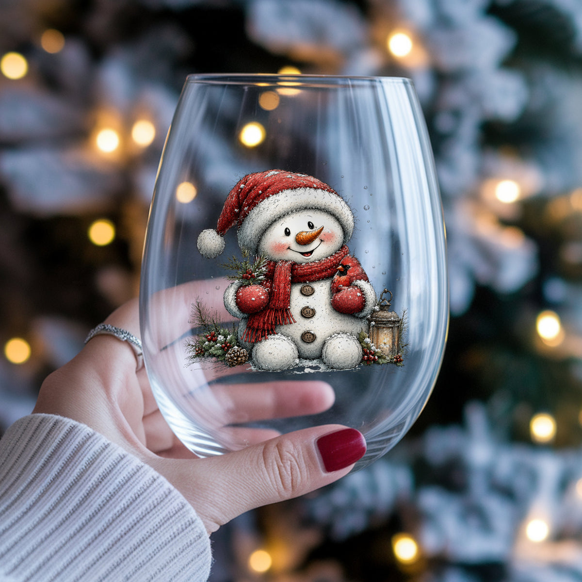 Snowman Holding Red Cardinal UV DTF sticker applied to a stemless wine glass held in hand