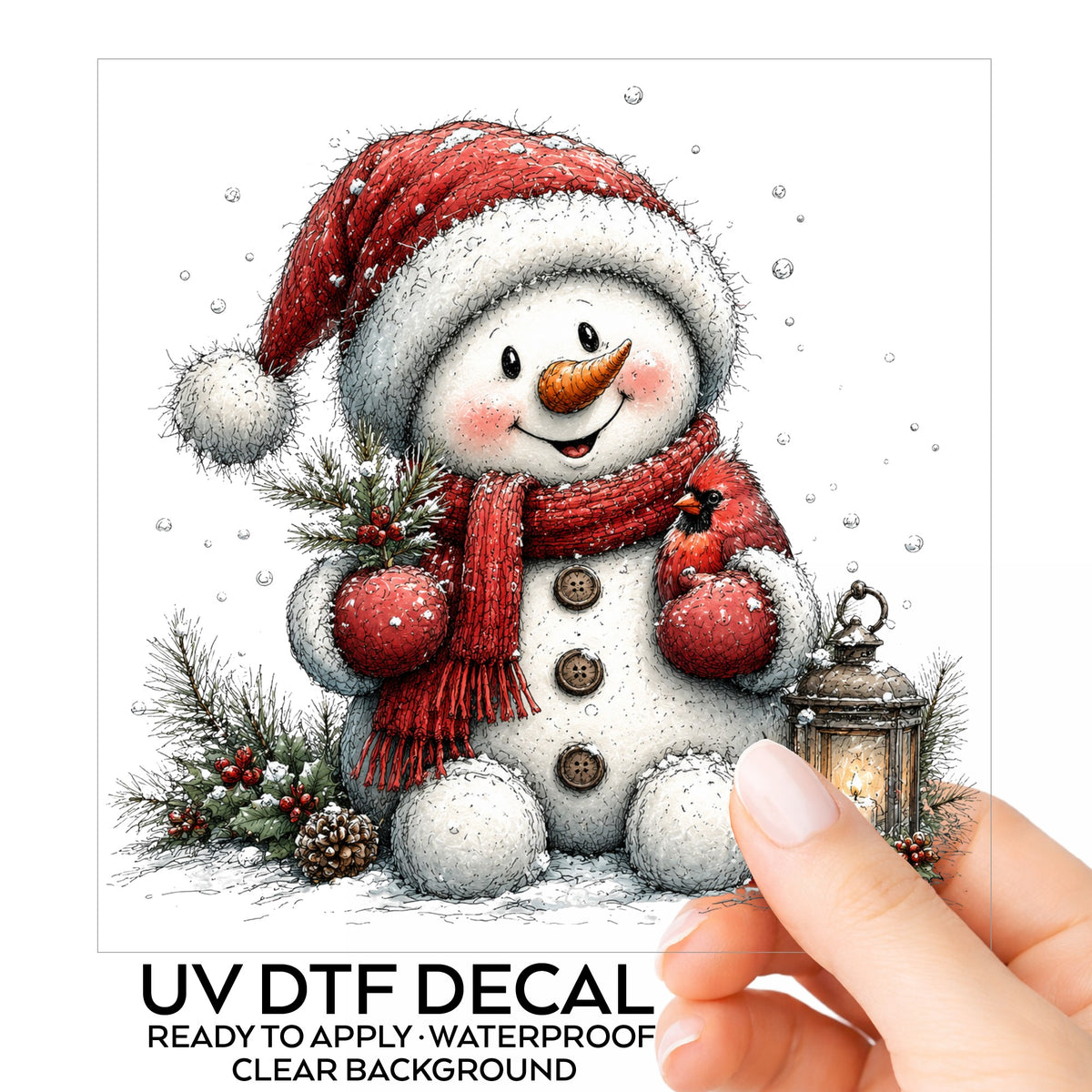 Snowman Holding Red Cardinal UV DTF sticker on its backing card, held in hand