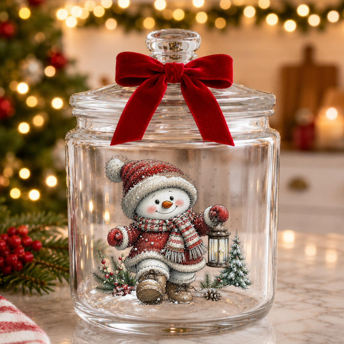 Snowman In Red Knit Coat With Lantern UV DTF sticker applied to a glass candy jar tied with a red bow