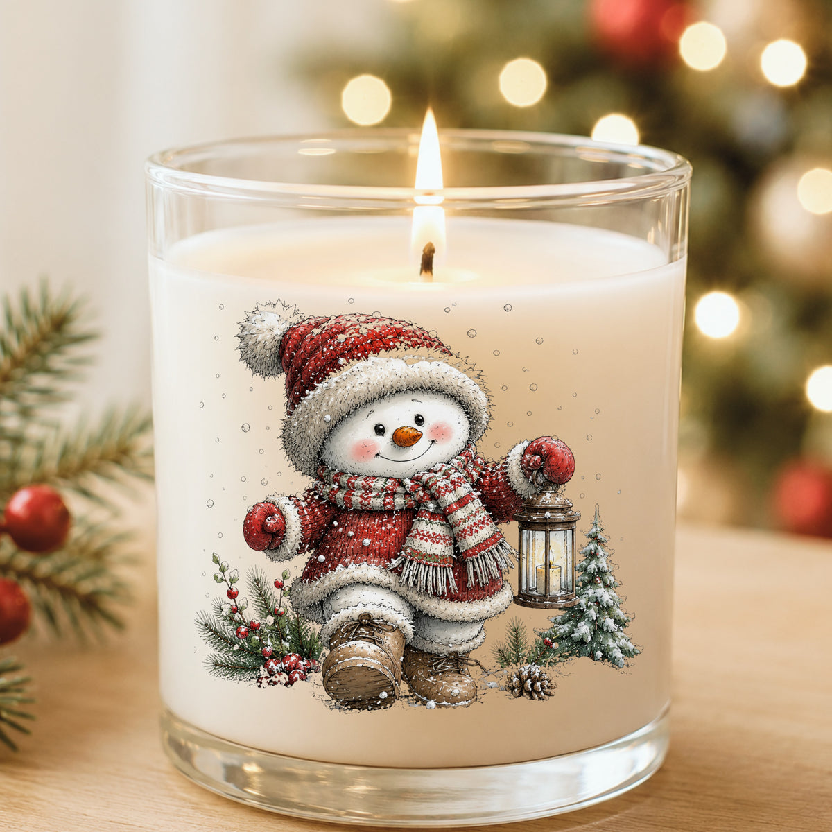 Snowman In Red Knit Coat With Lantern UV DTF sticker applied to a white candle in a glass holder near Christmas lights