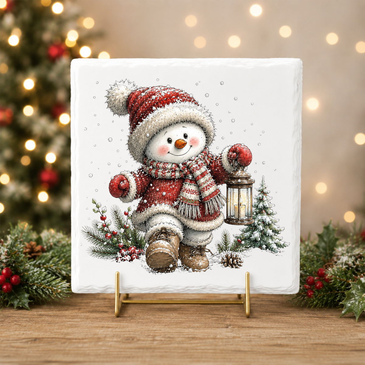 Snowman In Red Knit Coat With Lantern UV DTF sticker applied to a white tile on a gold stand