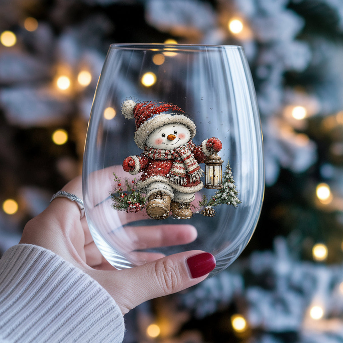 Snowman In Red Knit Coat With Lantern UV DTF sticker applied to a stemless wine glass held in hand