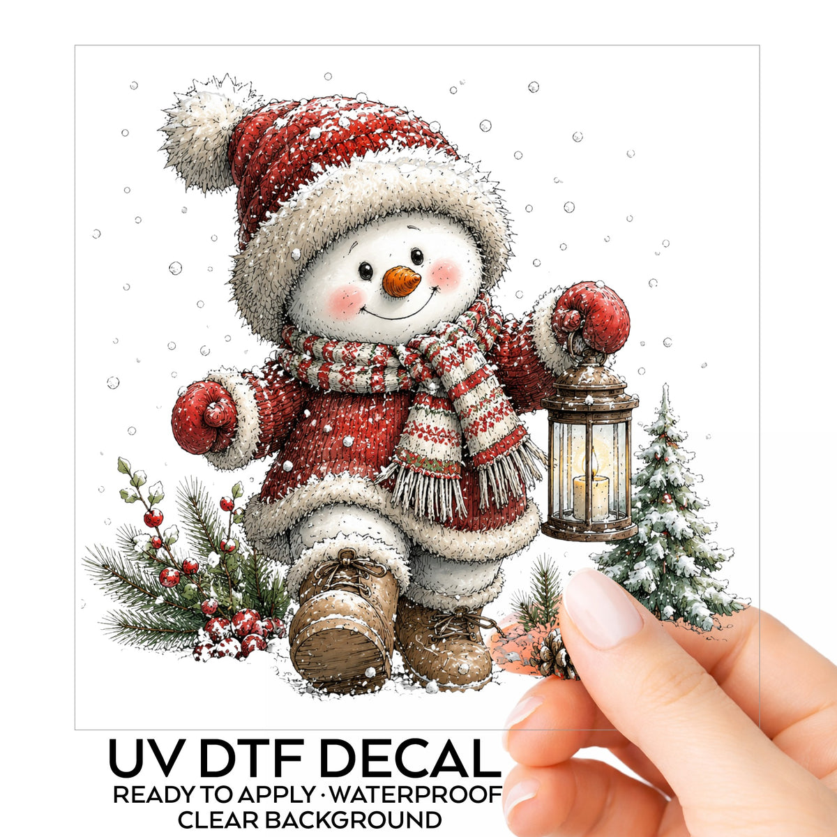 Snowman In Red Knit Coat With Lantern UV DTF sticker on its backing card, held in hand