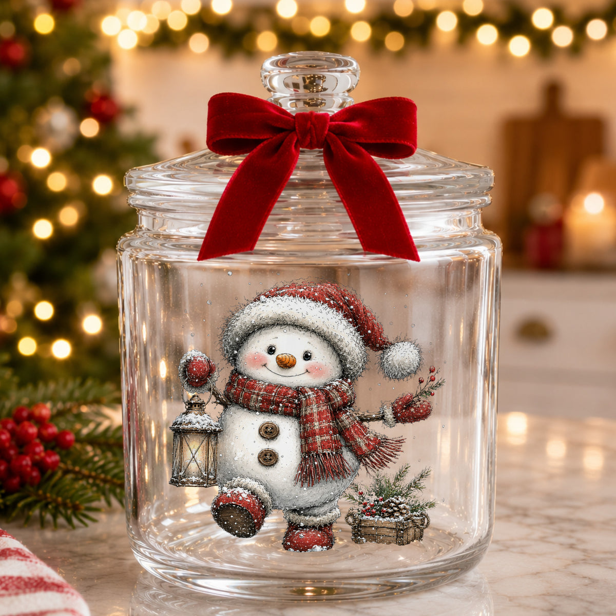 Plaid Scarf Snowman In Red Boots UV DTF sticker applied to a glass candy jar tied with a red bow