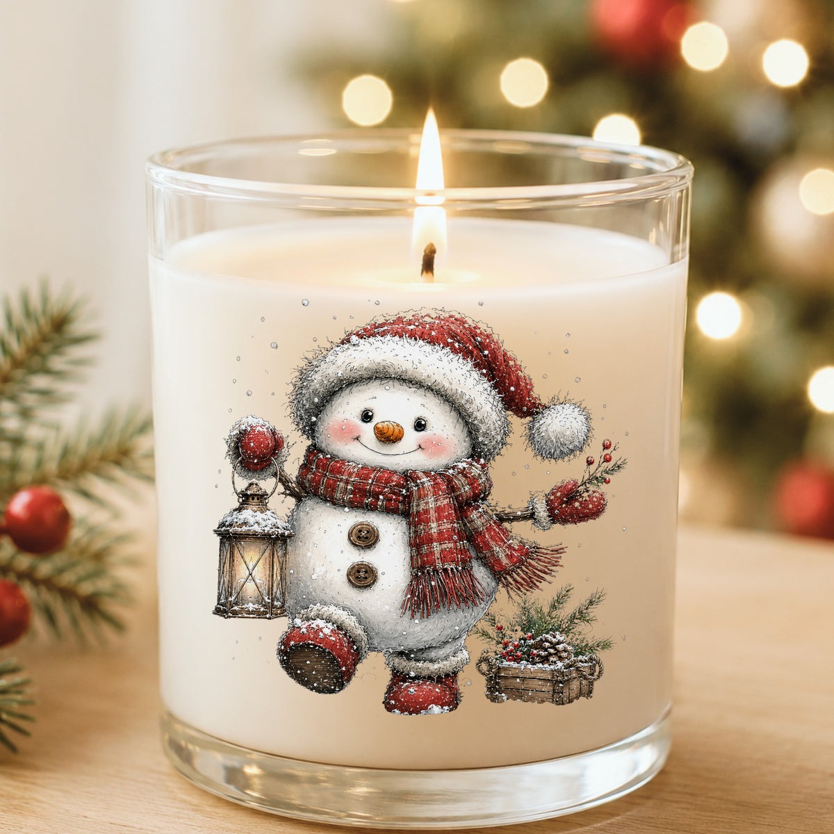 Plaid Scarf Snowman In Red Boots UV DTF sticker applied to a white candle in a glass holder near Christmas lights