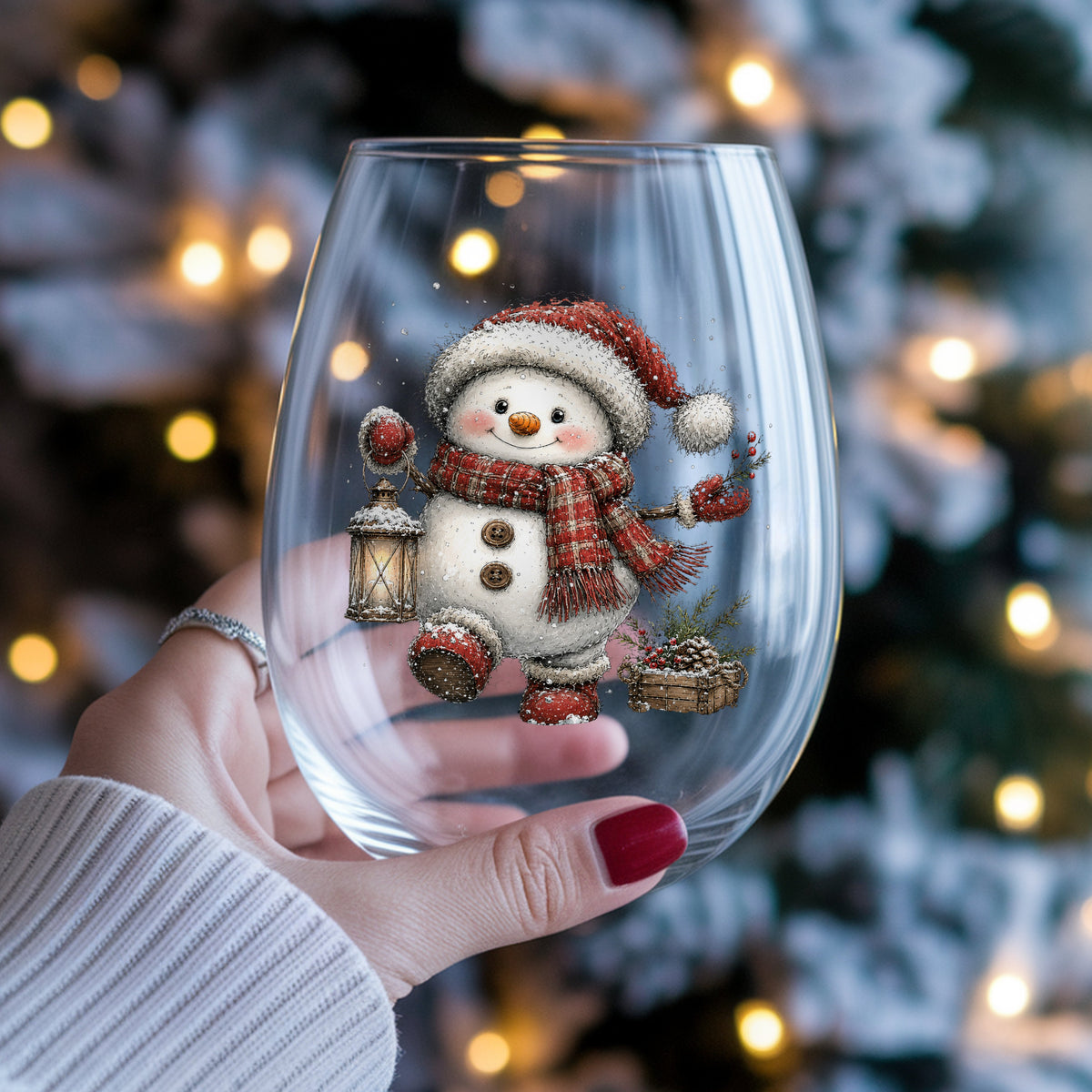 Plaid Scarf Snowman In Red Boots UV DTF sticker applied to a stemless wine glass held in hand
