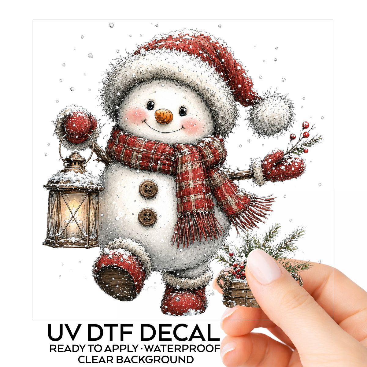 Plaid Scarf Snowman In Red Boots UV DTF sticker on its backing card, held in hand