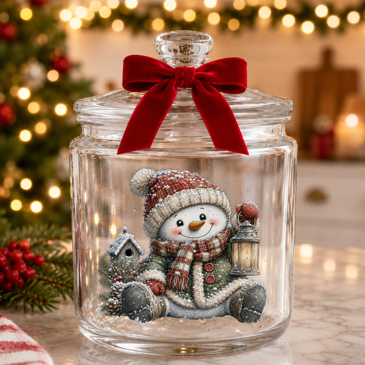 Sitting Snowman In Green Coat With Birdhouse UV DTF sticker applied to a glass candy jar tied with a red bow