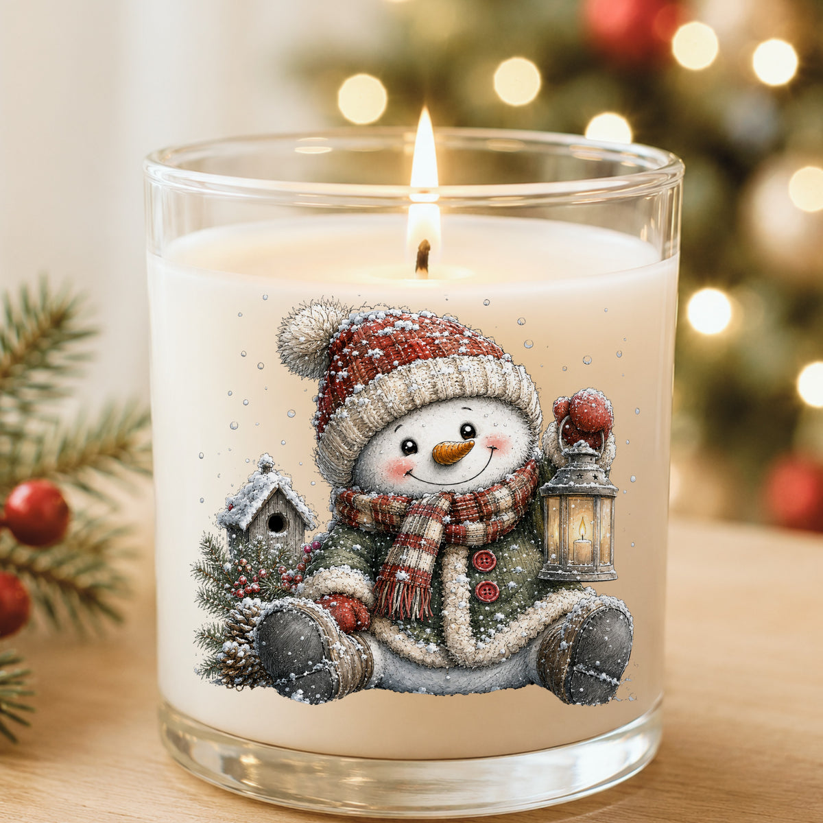 Sitting Snowman In Green Coat With Birdhouse UV DTF sticker applied to a white candle in a glass holder near Christmas lights