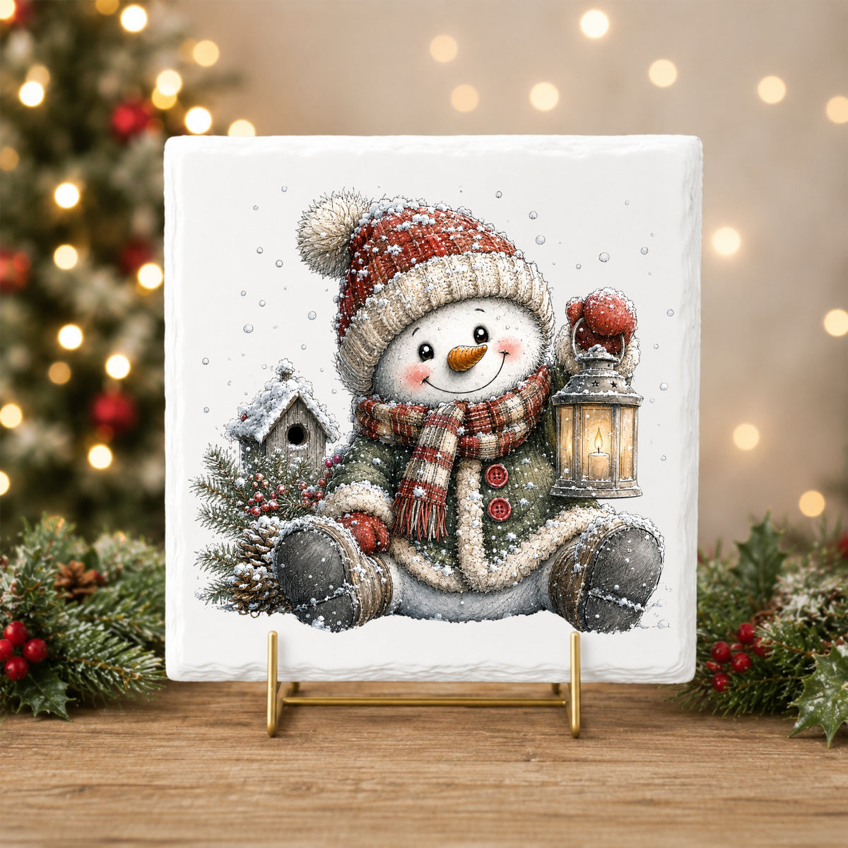 Sitting Snowman In Green Coat With Birdhouse UV DTF sticker applied to a white tile on a gold stand