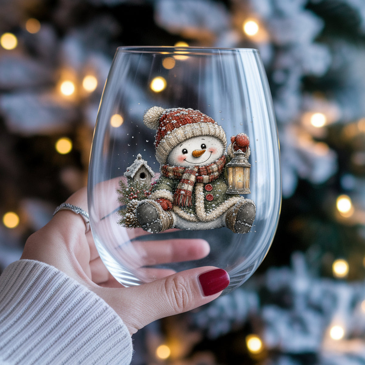 Sitting Snowman In Green Coat With Birdhouse UV DTF sticker applied to a stemless wine glass held in hand