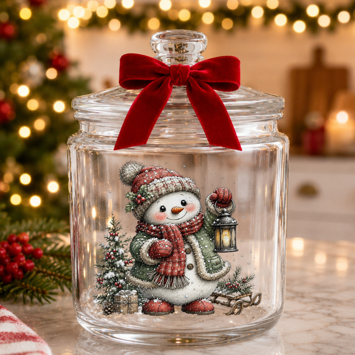 Snowman With Holly Hat And Christmas Tree UV DTF sticker applied to a glass candy jar tied with a red bow