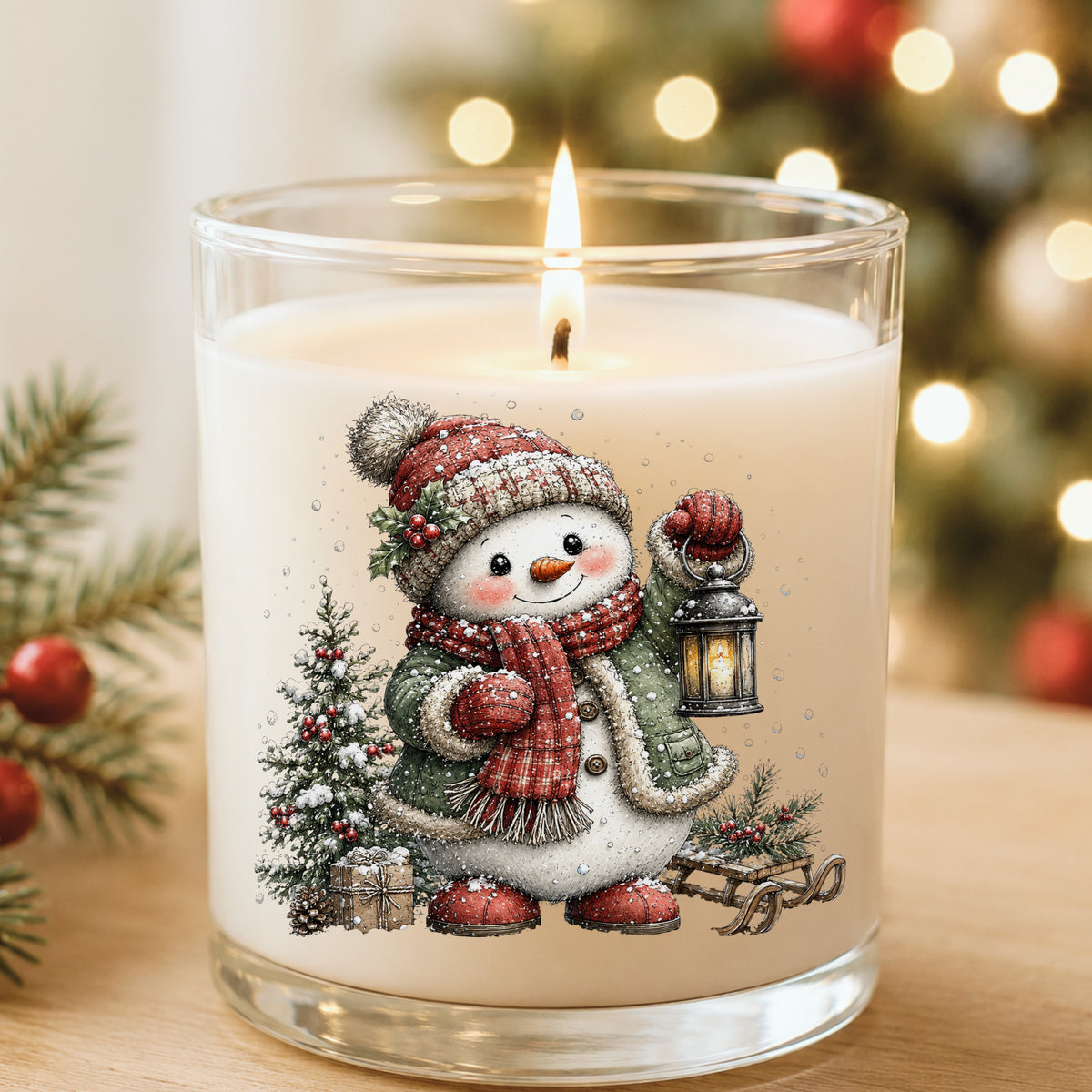 Snowman With Holly Hat And Christmas Tree UV DTF sticker applied to a white candle in a glass holder near Christmas lights