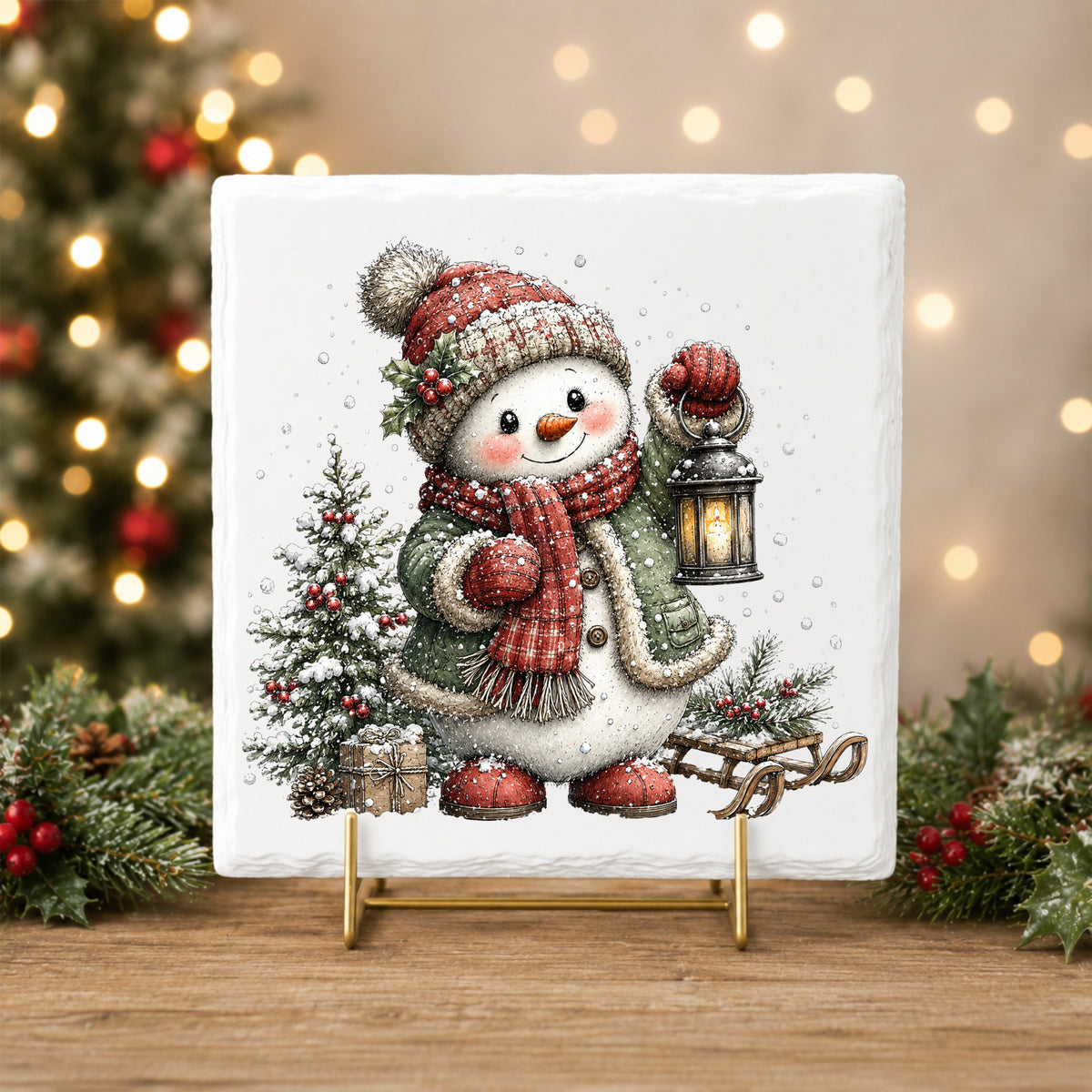 Snowman With Holly Hat And Christmas Tree UV DTF sticker applied to a white tile on a gold stand