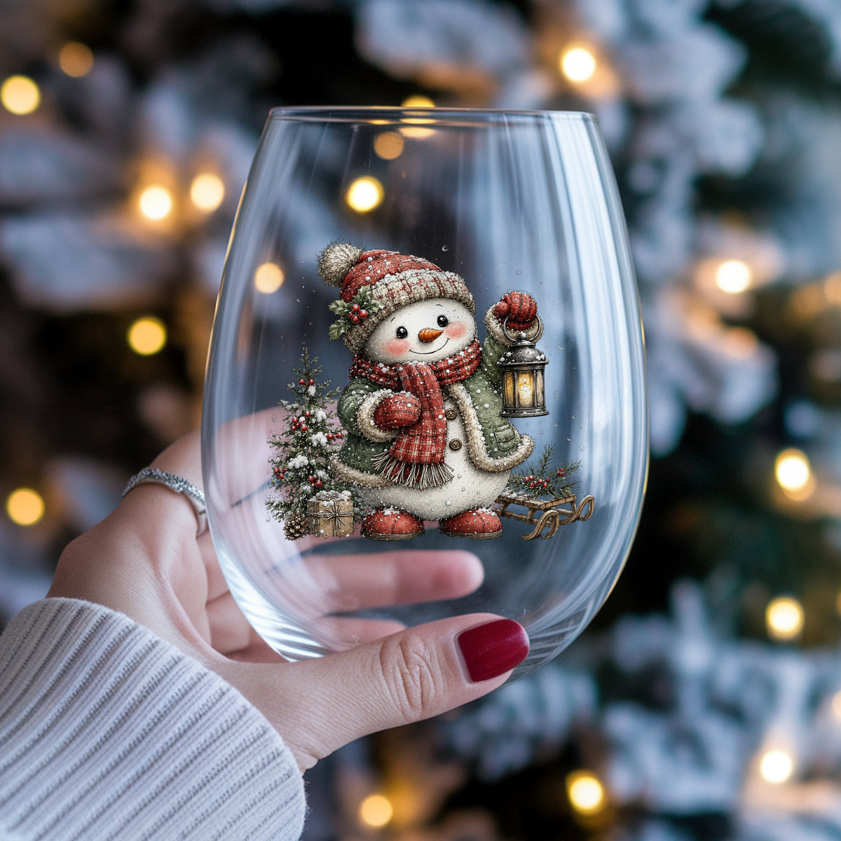 Snowman With Holly Hat And Christmas Tree UV DTF sticker applied to a stemless wine glass held in hand