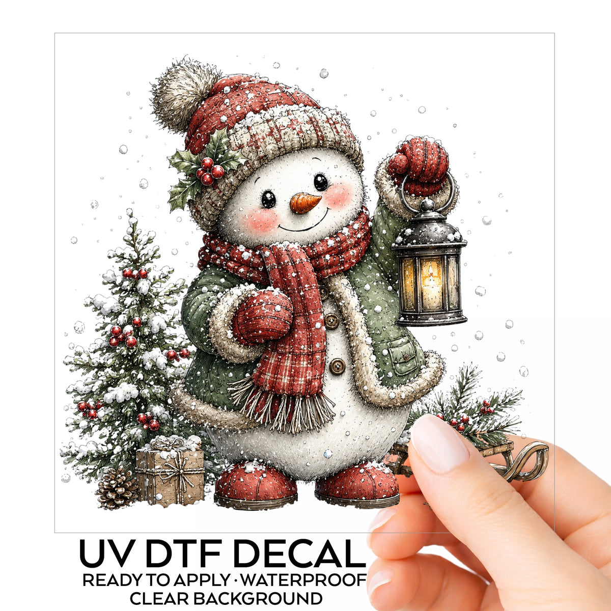 Snowman With Holly Hat And Christmas Tree UV DTF sticker on its backing card, held in hand