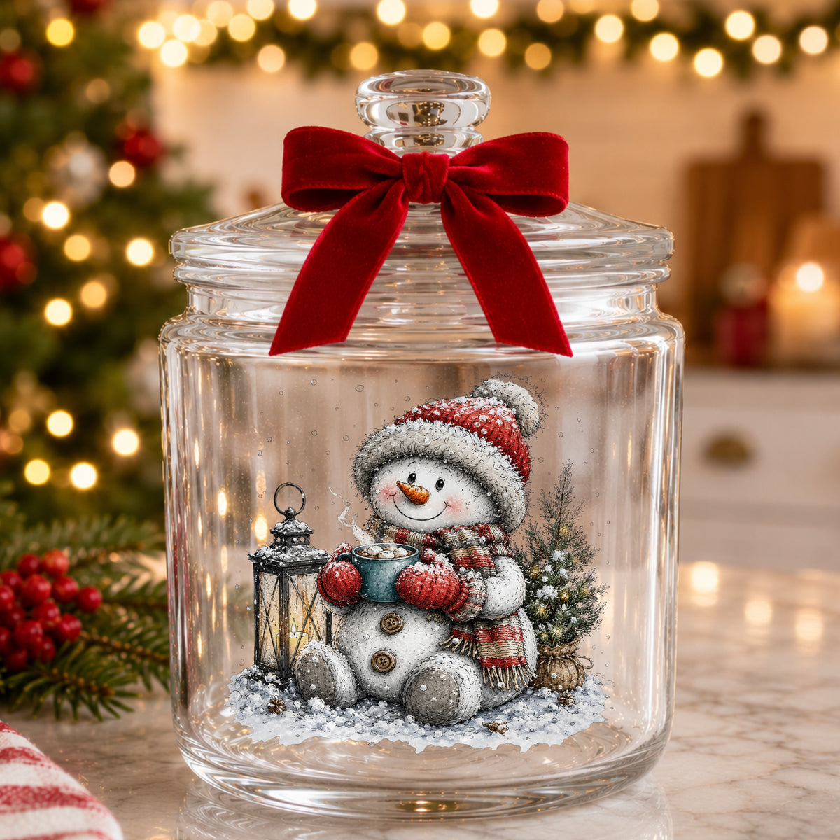 Snowman Sipping Cocoa By Lantern UV DTF sticker applied to a glass candy jar tied with a red bow