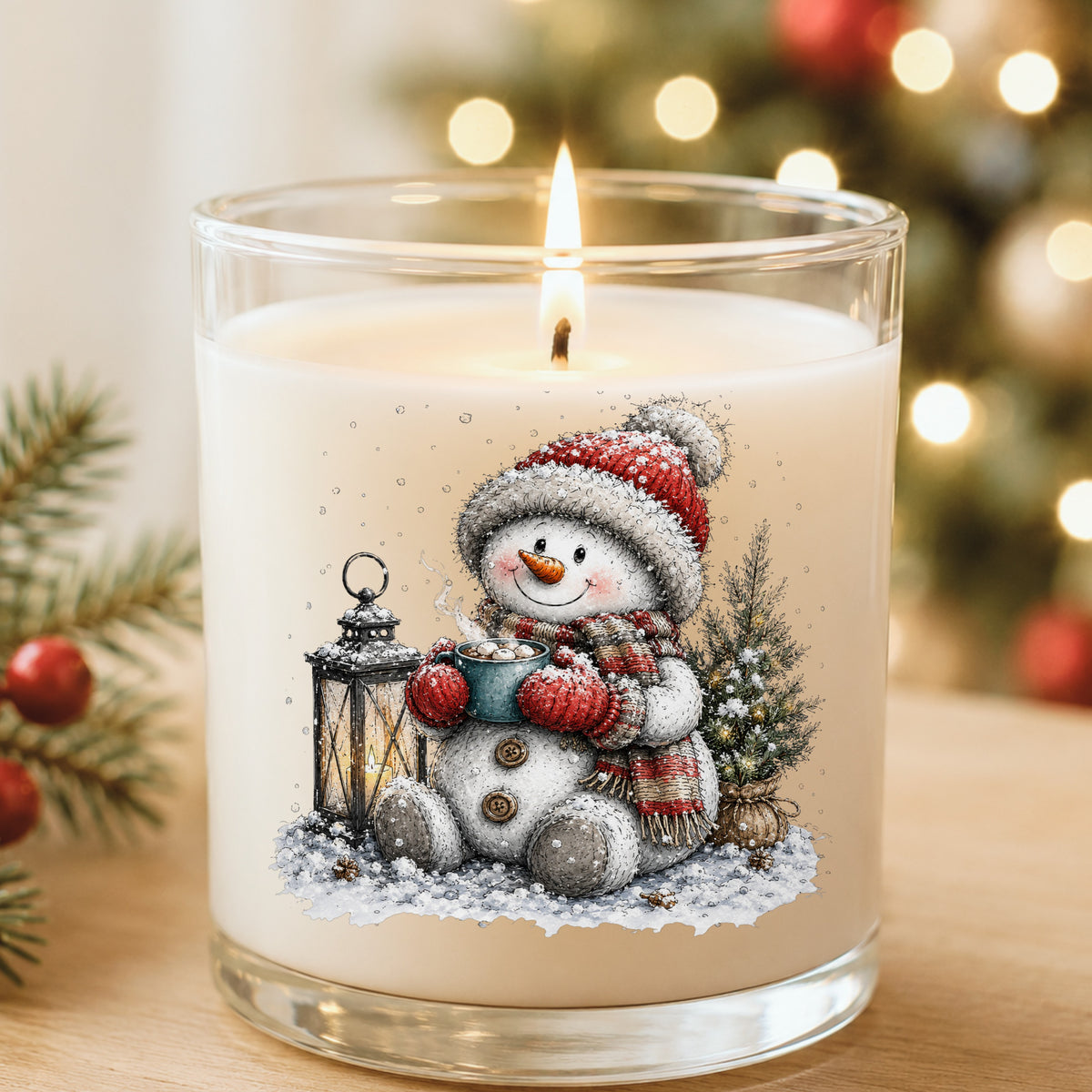 Snowman Sipping Cocoa By Lantern UV DTF sticker applied to a white candle in a glass holder near Christmas lights