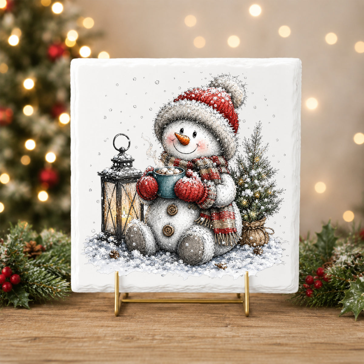 Snowman Sipping Cocoa By Lantern UV DTF sticker applied to a white tile on a gold stand