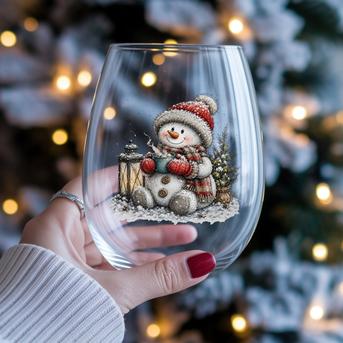 Snowman Sipping Cocoa By Lantern UV DTF sticker applied to a stemless wine glass held in hand