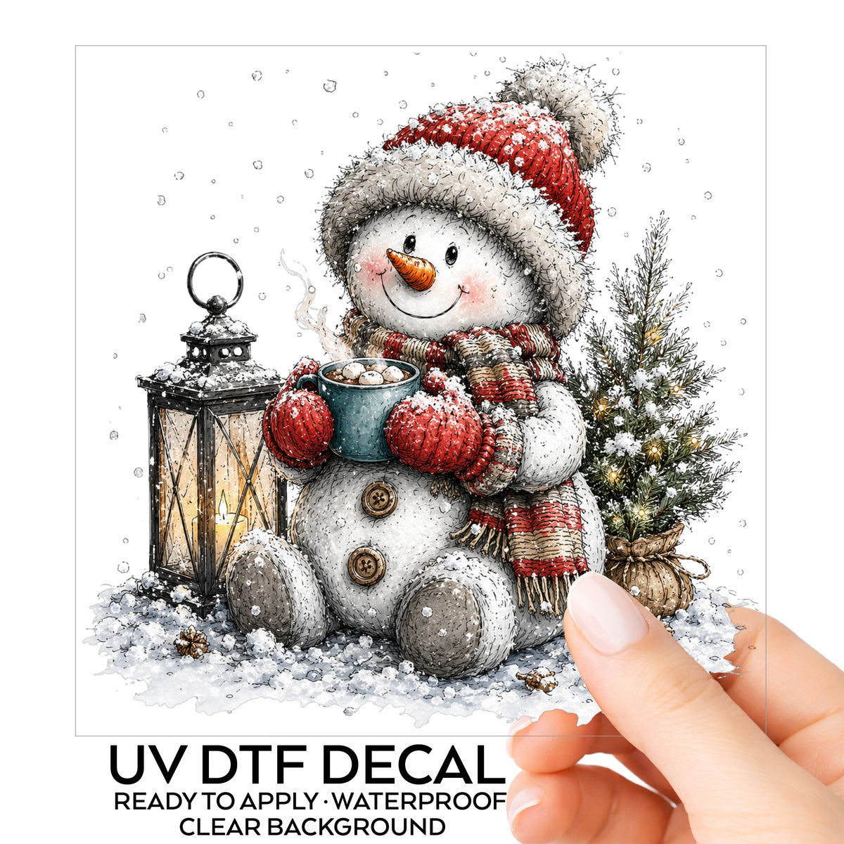 Snowman Sipping Cocoa By Lantern UV DTF sticker on its backing card, held in hand