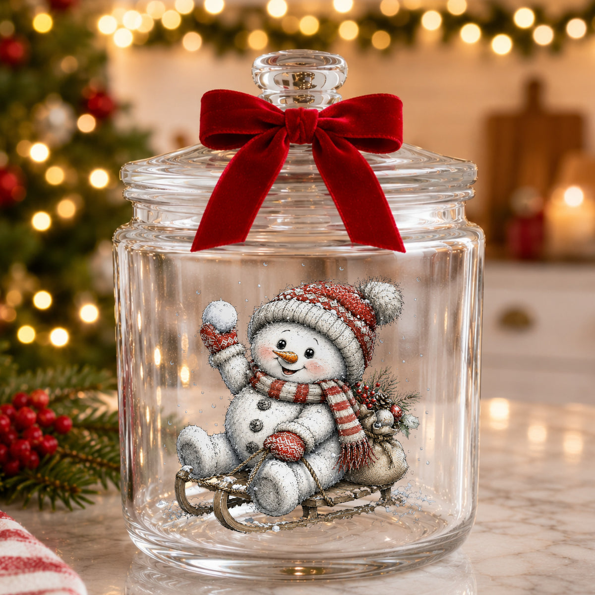 Snowball Snowman On Sled UV DTF sticker applied to a glass candy jar tied with a red bow