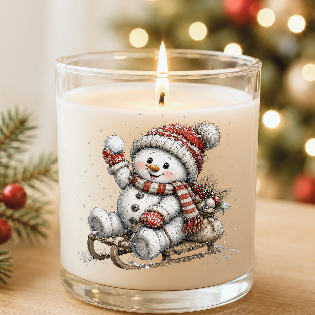 Snowball Snowman On Sled UV DTF sticker applied to a white candle in a glass holder near Christmas lights