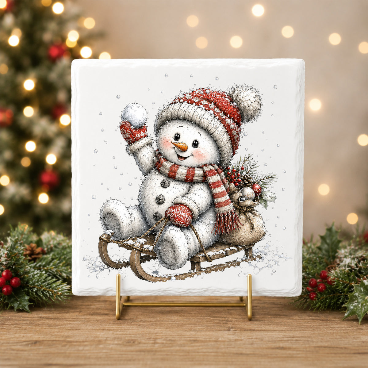 Snowball Snowman On Sled UV DTF sticker applied to a white tile on a gold stand