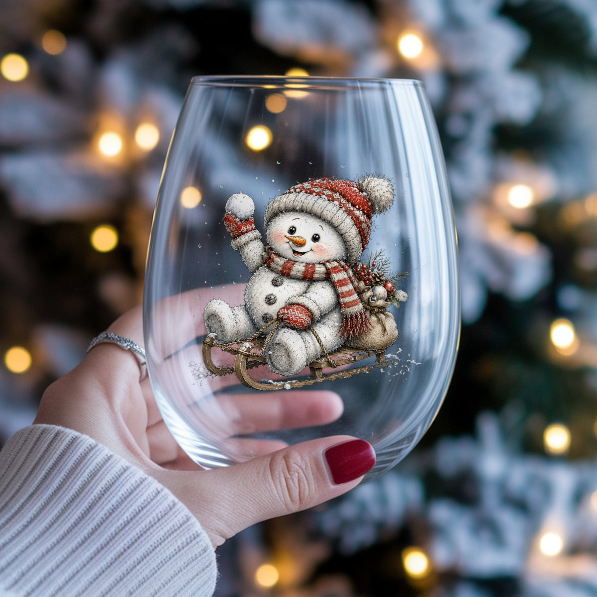 Snowball Snowman On Sled UV DTF sticker applied to a stemless wine glass held in hand